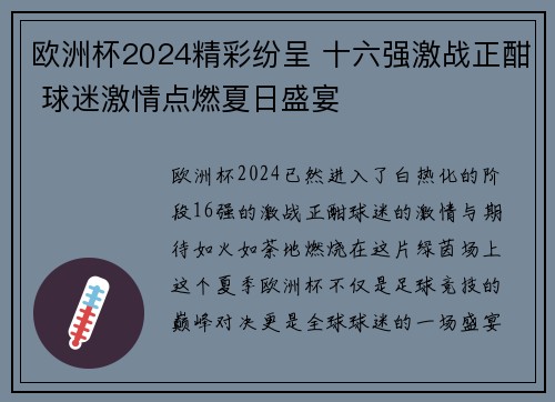 欧洲杯2024精彩纷呈 十六强激战正酣 球迷激情点燃夏日盛宴