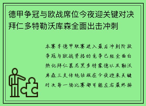 德甲争冠与欧战席位今夜迎关键对决拜仁多特勒沃库森全面出击冲刺