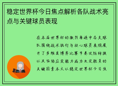 稳定世界杯今日焦点解析各队战术亮点与关键球员表现 稳定世界杯今日焦点解析各队战术亮点与关键球员表现