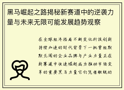 黑马崛起之路揭秘新赛道中的逆袭力量与未来无限可能发展趋势观察